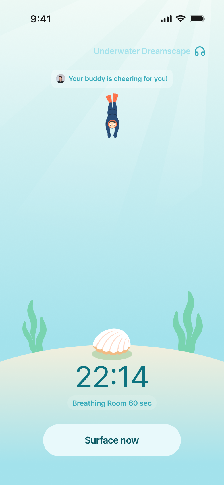 Mid-dive screen: the haenyeo descending, 22:14 remaining, 00:30 of breathing room