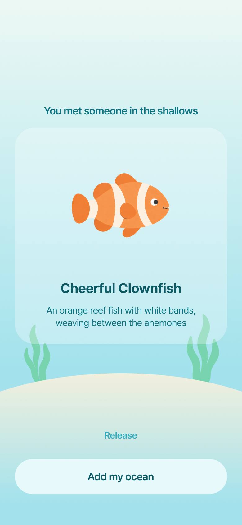 Encounter screen: a cheerful clownfish met in the shallows
