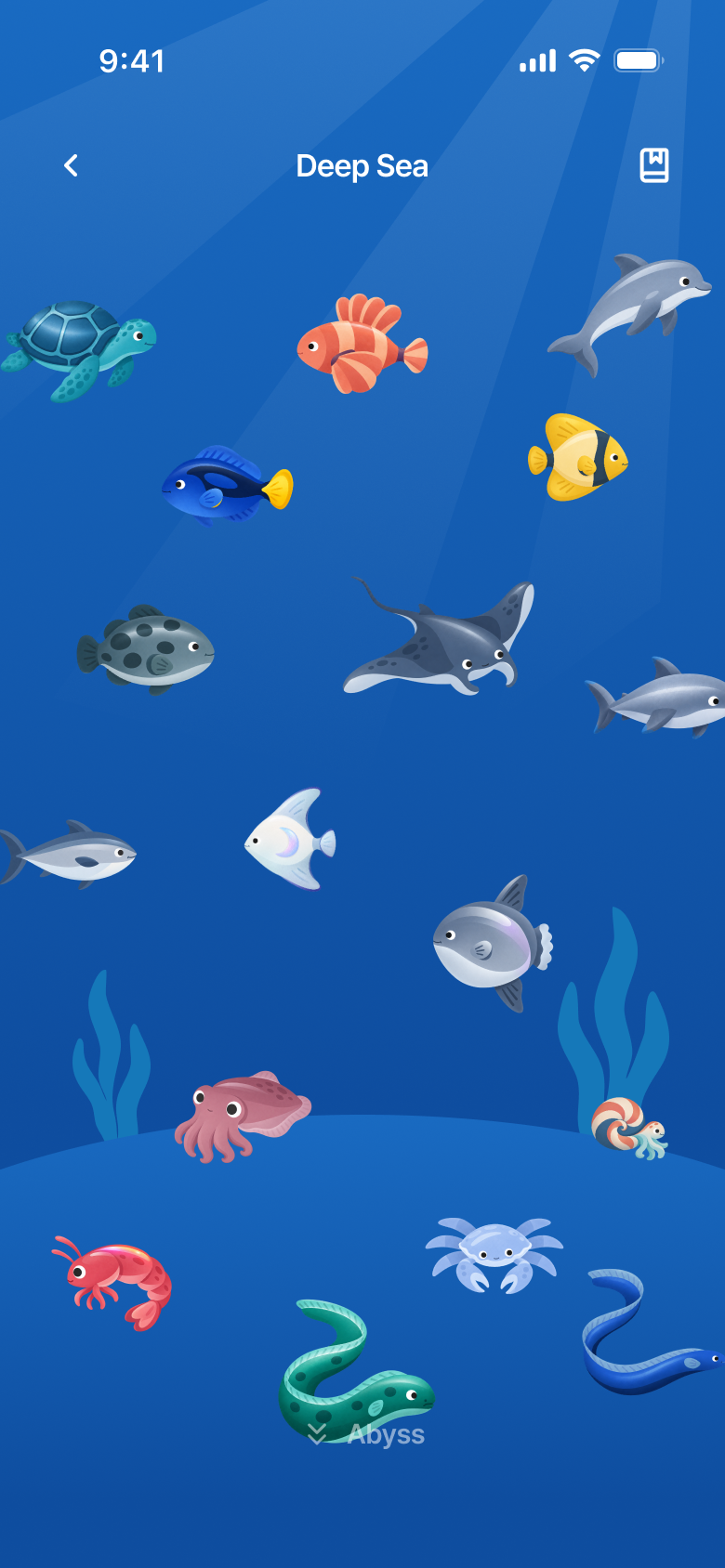My Ocean screen: a puffer, a blue whale, and a sea turtle swimming in the deep